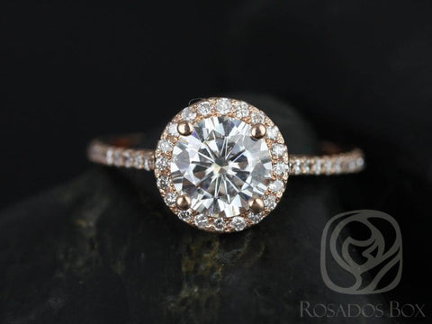 SALE 1.20ct Ready to Ship Kubian 7mm 14kt Rose Gold FB Moissanite Diamonds Round Halo Ring - Rosados Box