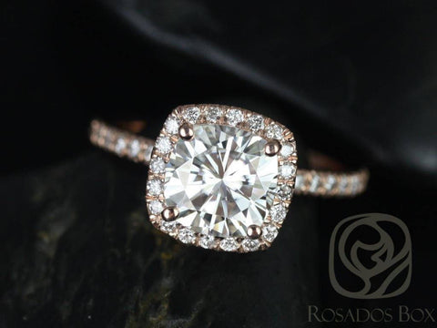 SALE 2ct Ready to Ship Mariah 7.5mm 14kt Rose Gold Cushion FB Moissanite and Diamond Halo Engagement Ring - Rosados Box