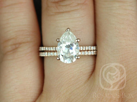 SALE 2ct Ready to Ship Ann 10x7mm 14kt Rose Gold FB Moissanite Diamond Pear Solitaire with AccentsBridal Set - Rosados Box