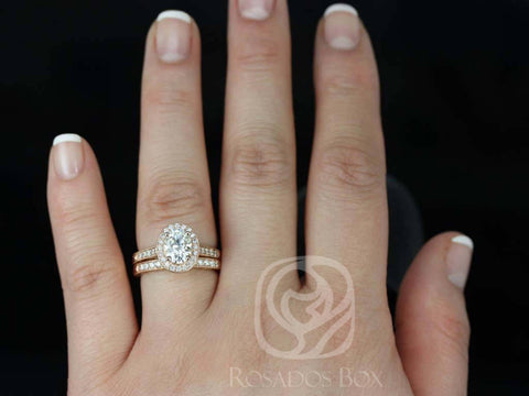 SALE 1.50ct Ready to Ship Aurora 8x6mm 14kt Rose Gold FB Moissanite Diamond Hand Engraved Oval Halo Bridal Set - Rosados Box