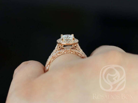 SALE 1.50ct Ready to Ship Aurora 8x6mm 14kt Rose Gold FB Moissanite Diamond Hand Engraved Oval Halo Bridal Set - Rosados Box