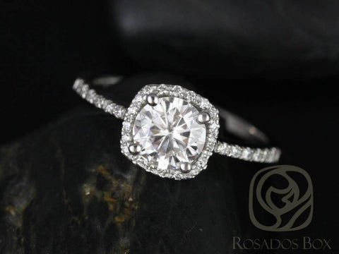 SALE Rosados Box Ready to Ship Barra 6mm 14kt YELLOW Gold Round FB Moissanite and Diamonds Cushion Halo Engagement Ring - Rosados Box