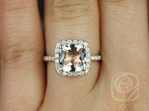 Ready to Ship Pernella 8mm 14kt Rose Gold Morganite Diamonds Cushion Halo Ring - Rosados Box