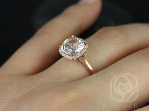 Ready to Ship Roxie 8mm 14kt YELLOW Gold Morganite Diamonds Micropave Cushion Halo Ring - Rosados Box