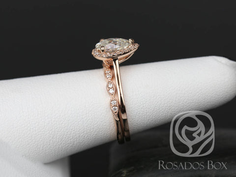 SALE 1.50ct Ready to Ship Julie 9x6mm & Christie 14kt Rose Gold WITH Milgrain FB Moissanite Diamond Pear Halo Bridal Set - Rosados Box