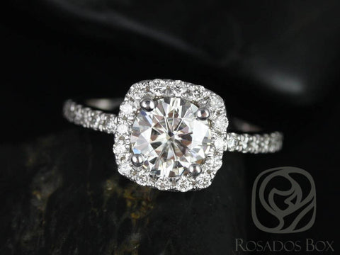 SALE Rosados Box Ready to Ship Colbie 7mm 14kt White Gold Round FB Moissanite and Diamond Cushion Halo Engagement Ring - Rosados Box