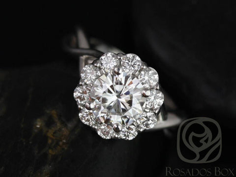 SALE 1ct Ready to Ship Renee 6.5mm 14kt White Gold FB Moissanite Diamonds Flower Halo Ring - Rosados Box