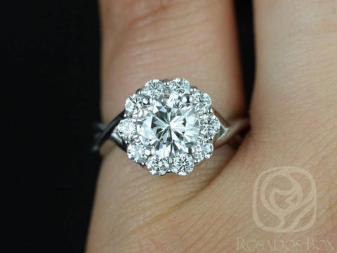 SALE 1ct Ready to Ship Renee 6.5mm 14kt White Gold FB Moissanite Diamonds Flower Halo Ring - Rosados Box