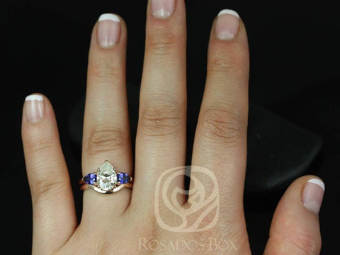 SALE 2ct Ready to Ship Kasey 10x7mm 14kt Rose Gold Moissanite Blue Sapphire Three Stone Bridal Set - Rosados Box