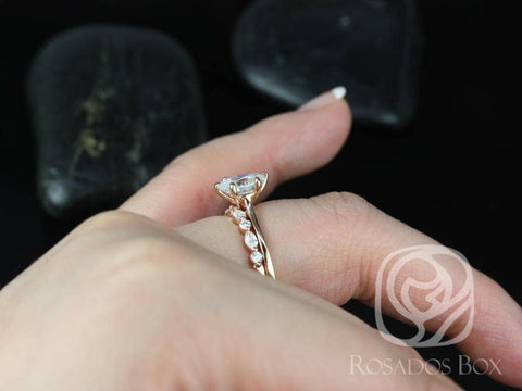 Skinny Lexus 8x6mm & Cher 14kt Rose Gold Oval Moissanite Diamond Six-Prong Cathedral Solitaire Bridal Set