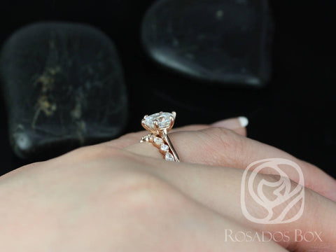 Skinny Lexus 8x6mm & Cher 14kt Rose Gold Oval Moissanite Diamond Six-Prong Cathedral Solitaire Bridal Set