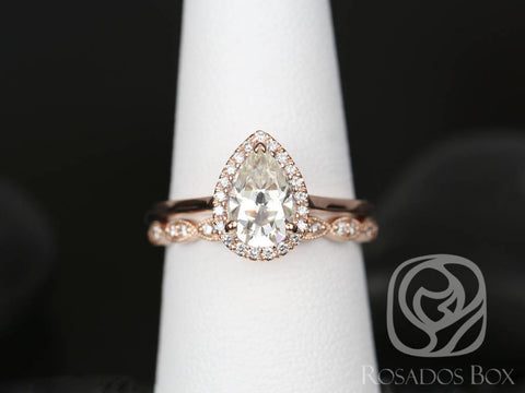 SALE 1.50ct Ready to Ship Julie 9x6mm & Christie 14kt Rose Gold WITH Milgrain FB Moissanite Diamond Pear Halo Bridal Set - Rosados Box