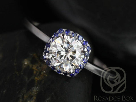 0.75ct Ready to Ship Bella 6mm 14kt FB Moissanite Blue Sapphire Cushion Halo Ring - Rosados Box