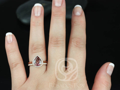 3.56ct Ready to Ship Karma & Pernella 14kt Rose Gold Chubby Pear Raspberry Wine Zircon Art Deco Unique Halo Bridal Set - Rosados Box