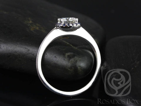 0.75ct Ready to Ship Bella 6mm 14kt FB Moissanite Blue Sapphire Cushion Halo Ring - Rosados Box