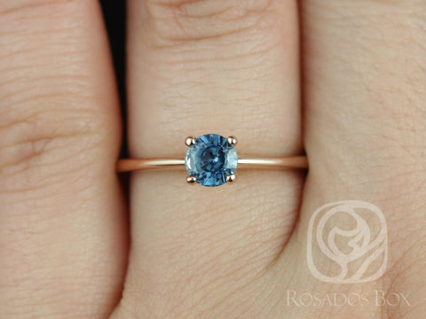 0.74ct Ready to Ship Skinny Alberta 14kt Rose Gold Teal Blue Sapphire Solitaire Ring - Rosados Box