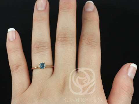 0.74ct Ready to Ship Skinny Alberta 14kt Rose Gold Teal Blue Sapphire Solitaire Ring - Rosados Box