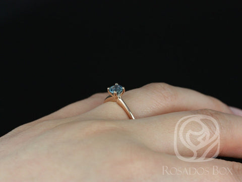 0.74ct Ready to Ship Skinny Alberta 14kt Rose Gold Teal Blue Sapphire Solitaire Ring - Rosados Box