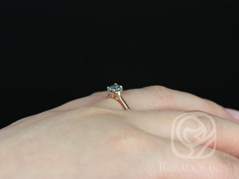 0.65ct Skinny Flora 14kt Rose Gold Ocean Teal Blue Sapphire Cathedral Round Solitaire Ring - Rosados Box