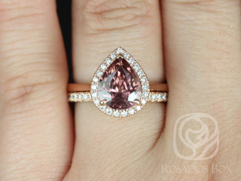 3.56ct Ready to Ship Karma & Pernella 14kt Rose Gold Chubby Pear Raspberry Wine Zircon Art Deco Unique Halo Bridal Set - Rosados Box