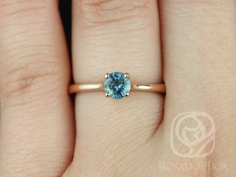 0.65ct Skinny Flora 14kt Rose Gold Ocean Teal Blue Sapphire Cathedral Round Solitaire Ring - Rosados Box