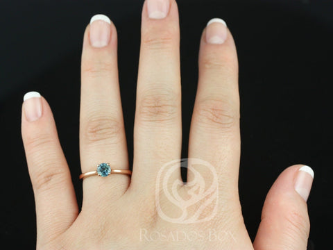 0.65ct Skinny Flora 14kt Rose Gold Ocean Teal Blue Sapphire Cathedral Round Solitaire Ring - Rosados Box