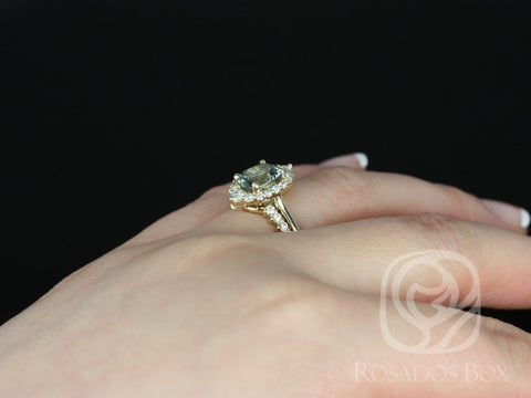 2.68ct Ready to Ship Eluma 14k Gold Mint Teal Sapphire Diamond Graduated Unique Halo Bridal Set - Rosados Box