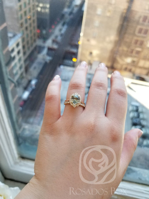 2.68ct Ready to Ship Eluma 14k Gold Mint Teal Sapphire Diamond Graduated Unique Halo Bridal Set - Rosados Box