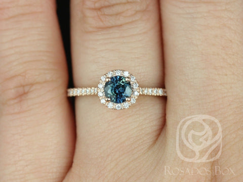 0.67ct Ready to Ship Kubian 14kt Rose Gold Teal Sapphire Diamonds Pave Round Halo Ring - Rosados Box