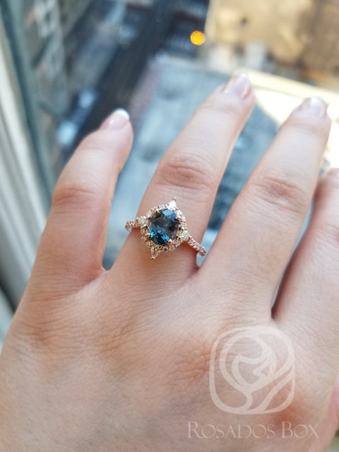 2.15cts Ready to Ship Jadis 14kt Rose Gold Teal Blue Sapphire Diamonds Star Unique Halo Ring - Rosados Box