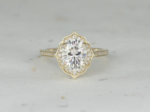 2ct Myra 9x7mm 14kt Moissanite Diamond WITHOUT Milgrain  Vintage Oval Halo Ring - Rosados Box