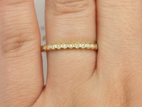 Ultra Petite Honore 14kt Gold Hexagon WITH Milgrain Diamond ALMOST Eternity Ring