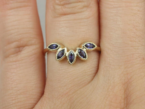 Ready to Ship DIAMOND FREE Petunia 14kt Yellow Gold Marquise Iolite Leaves WITH Milgrain Tiara Ring - Rosados Box