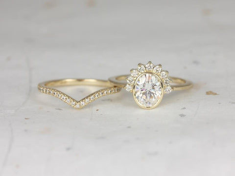 1.50ct Oksana 8x6mm & Chevy 14kt Gold Moissanite Diamond Oval Half Halo Bridal Set,Unique Wedding Ring,Oval Engagement Ring,Anniversary Gift