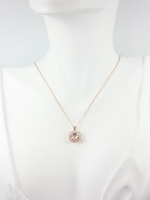 Rheine 14kt Gold Round Morganite Diamonds Cushion Halo WITH Milgrain Necklace - Rosados Box