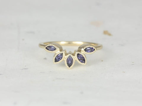 Ready to Ship DIAMOND FREE Petunia 14kt Yellow Gold Marquise Iolite Leaves WITH Milgrain Tiara Ring - Rosados Box