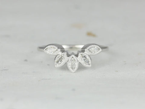 Rosados Box DIAMOND FREE Petunia 14kt White Gold Marquise Forever One Moissanite Leaves WITH Milgrain Tiara Ring - Rosados Box