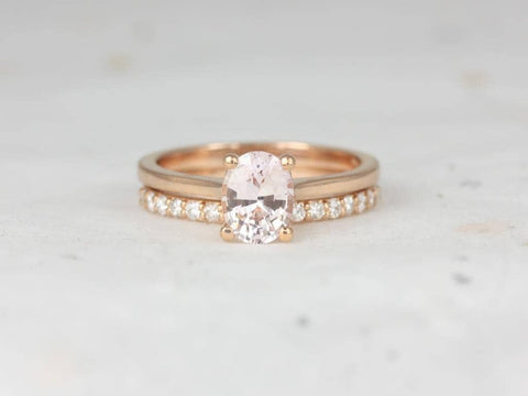 1.26ct Ready to Ship Skinny Lois & Tiffani 14kt Rose Gold Peach Champagne Sapphire Diamonds Oval Bridal Set - Rosados Box