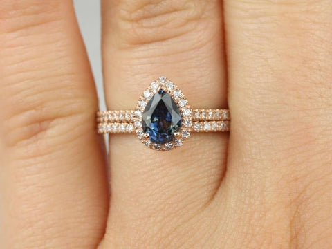 1.08ct Ready to Ship Tabitha 14kt Rose Gold Ocean Teal Sapphire Diamonds Pear Halo Bridal Set - Rosados Box