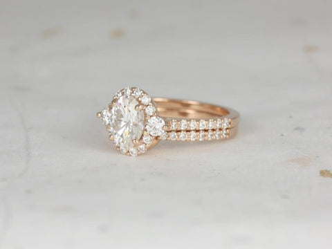 1.50ct Ready to Ship Bridgette 8x6mm 14kt Rose Gold Oval Moissanite Diamonds Three Stone Halo Bridal Set - Rosados Box