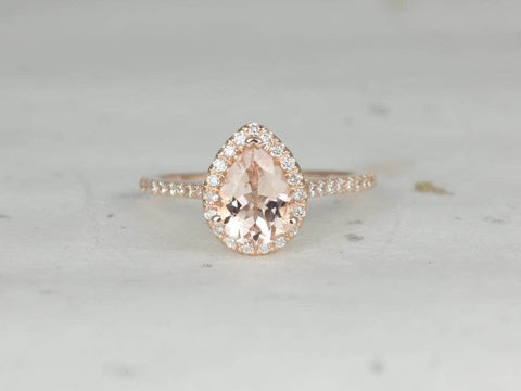 Tabitha 8x6mm 14kt Rose Gold Morganite Diamond Dainty Pave Pear Halo Ring,Pear Morganite Engagement Ring,Morganite Halo Ring - Rosados Box