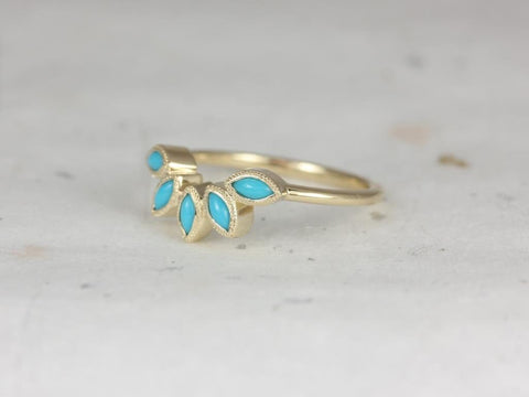 Ready to Ship Petunia 14kt Yellow Gold Marquise Turquoise Leaves WITH Milgrain Tiara Nesting Ring - Rosados Box