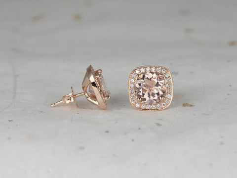 Rheine 14kt Gold Morganite Diamond WITH Milgrain Cushion Halo Stud Earrings - Rosados Box