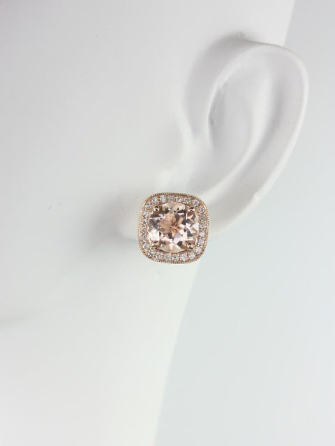 Rheine 14kt Gold Morganite Diamond WITH Milgrain Cushion Halo Stud Earrings - Rosados Box