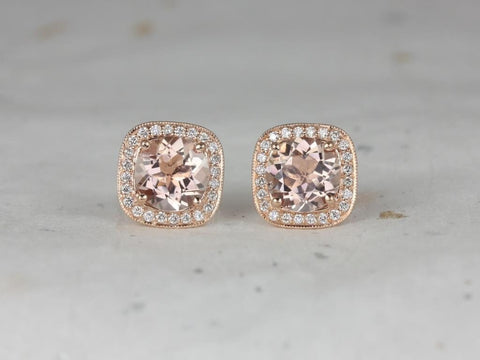 Rheine 14kt Gold Morganite Diamond WITH Milgrain Cushion Halo Stud Earrings - Rosados Box