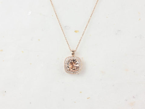 Rheine 14kt Gold Round Morganite Diamonds Cushion Halo WITH Milgrain Necklace - Rosados Box