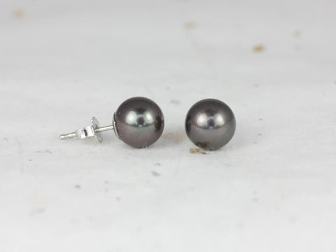 Ready to Ship Tahitian Black Pearl 8-8.5mm 14kt White Gold Classic Stud Earrings - Rosados Box