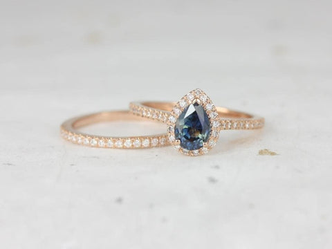 1.08ct Ready to Ship Tabitha 14kt Rose Gold Ocean Teal Sapphire Diamonds Pear Halo Bridal Set - Rosados Box