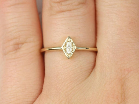 Ready to Ship Leanne 14kt Yellow Gold Oval Forever One Moissanite Marquise WITHOUT Milgrain Scalloped Ring (S.L.A.Y. Collection) - Rosados Box