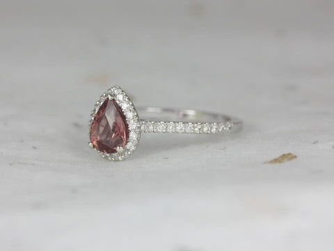 1.01ct Ready to Ship Tabitha 14ktWhite Gold Rustic Cinnamon Wine Red Sapphire Diamonds Dainty Pear Halo Ring - Rosados Box